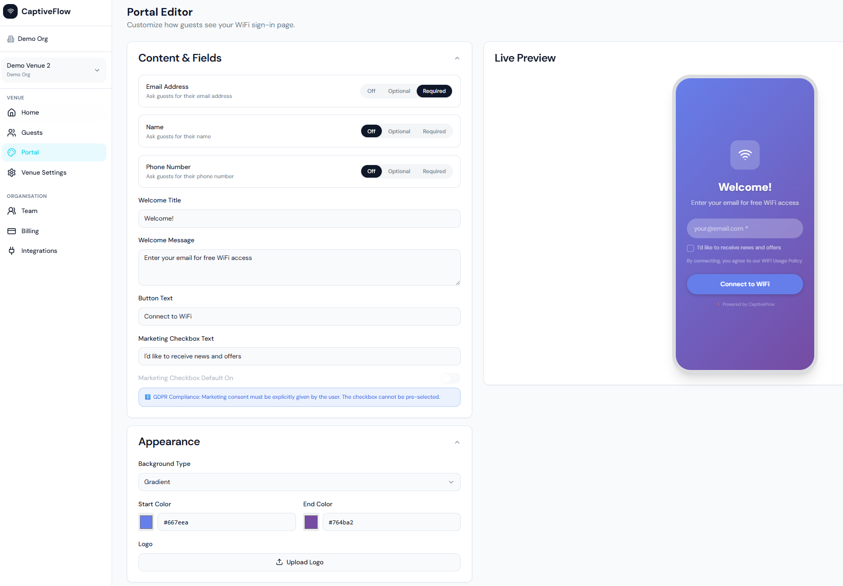 CaptiveFlow portal editor showing logo upload, colour picker, and message customisation